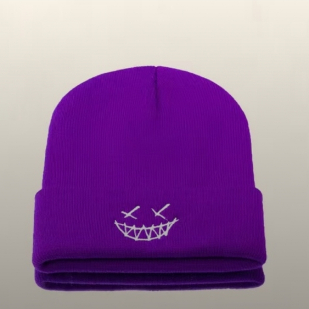 COZY Winter Hat Embroidered Smiley Face Knit roll cuff Cap Beanie Dark Purple N…